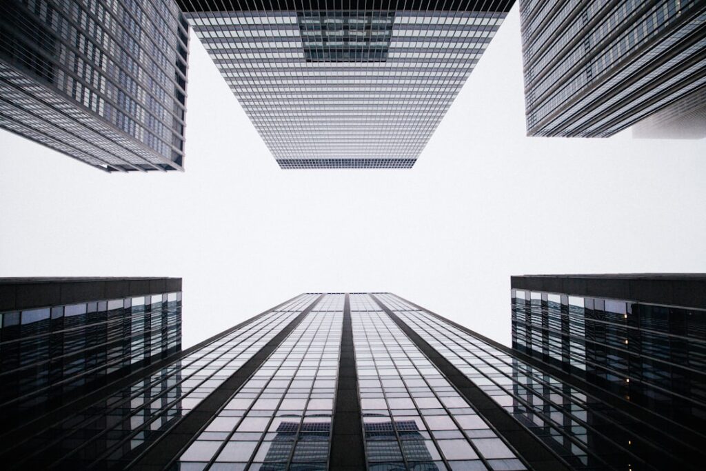 Office buildings under clouds